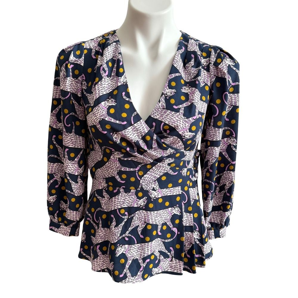 Kate Spade New York Navy Pink Leopard Polka Dot Peplum Wrap Top Blouse Size 00